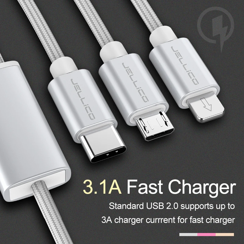 Jellico 3 в 1 USB кабель для samsung Xiaomi 3A кабель для быстрой зарядки для Micro usb type C type-C 3в1 кабели для мобильных телефонов