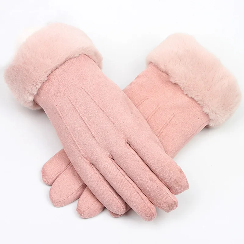 Pink I Теплые зимние женские замшевые кожаные перчатки, двойные толстые плюшевые рукавицы на запястье, элегантные женские перчатки для вождения и верховой езды - Цвет: Pink I