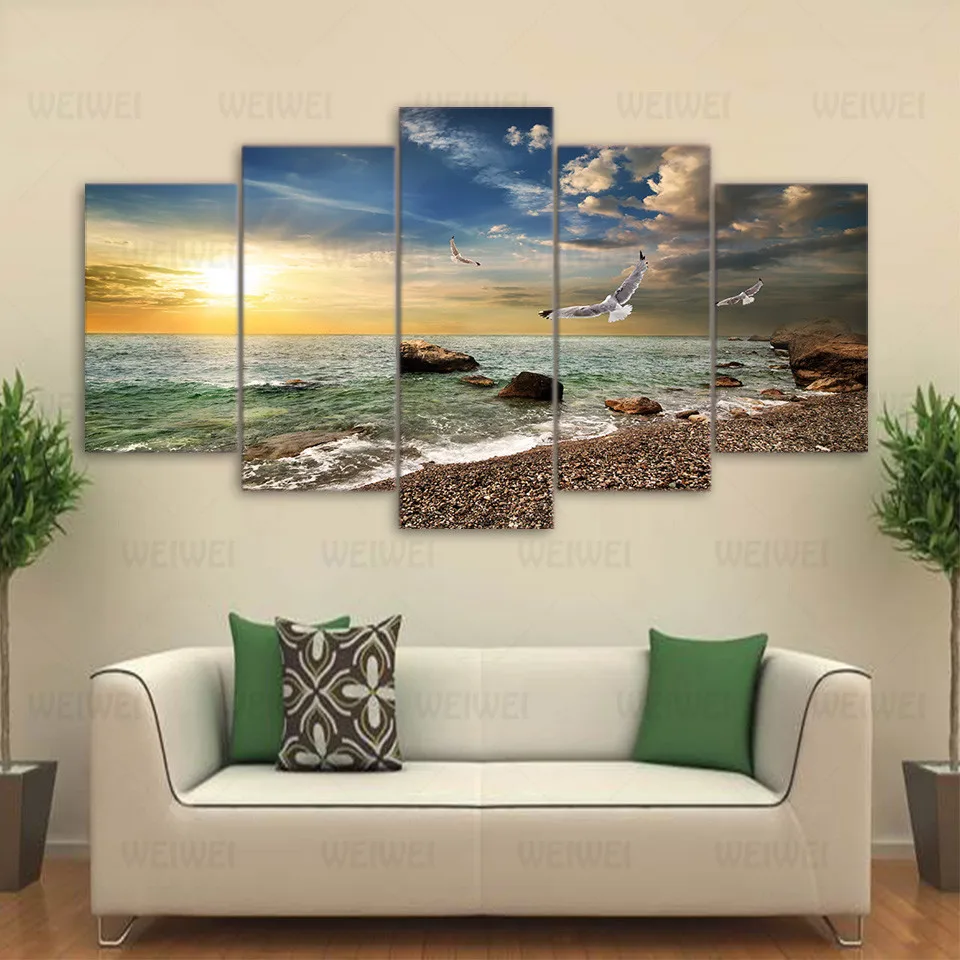 Canvas Wall Art Pictures Frame Kitchen Restaurant Decor 5 Pieces Sunset Landscape Animal Seagull Beach Living Room Print Posters | Дом и сад