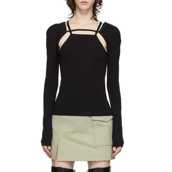 

2020 Early Autumn Hollowing Out Fake Two Pieces Knitting Splicing Fashion Slim Thin Versatile Solid Color Undershirt Women Top