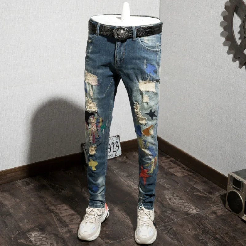 

Hip Hop Popular Brand Barber Jeans Men's Elasticity Slim Fit Pants Embroidered Ripped Jeans [QQ Group: 58411717