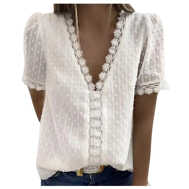 Blusas de gasa para mujer, blusa elegante de manga corta con cuello de pico y encaje calado, ropa Sexy para mujer 2021