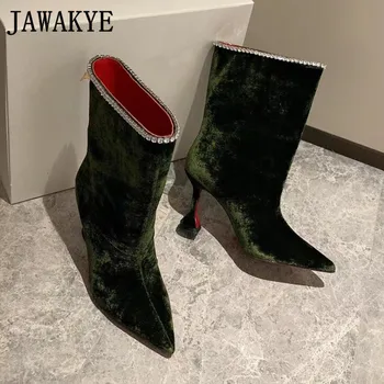 

2021 Winter Velvet Party Shoes Crystal Decor Ankle Boots Strange High Heel Short Boots Formal Ladies Party Shoes