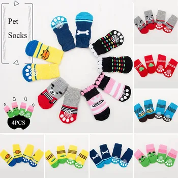 

4pcs/set Soft Knitting Dog Socks Cute Puppy Cat Pet Socks for Dog Anti-Slip Cotton Shoes For Autumn Winter Indoor Pet Supplies
