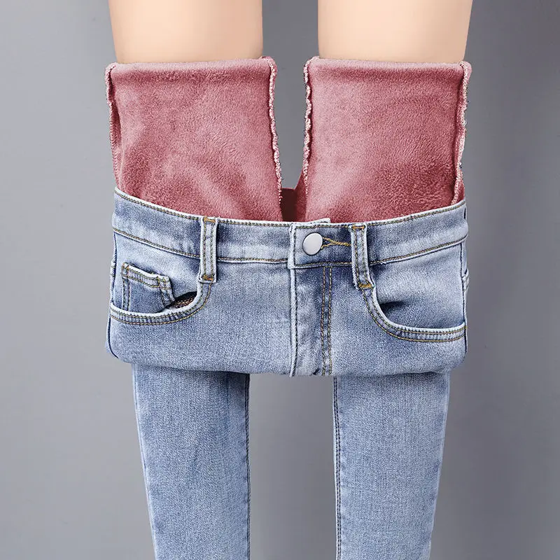 Зимние теплые женские джинсы, повседневные Бархатные женские брюки с высокой талией, женские джинсовые брюки для женщин, брюки плюс си - Цвет: light blue pink