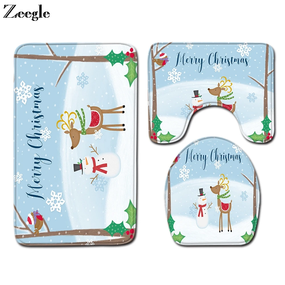Zeegle Christmas 3pcs Bath Mat Set Absorbent Toilet Pedestal Rug Foot Mat Anti Slip Bathroom Shower Mat Washable Soft Toilet Set