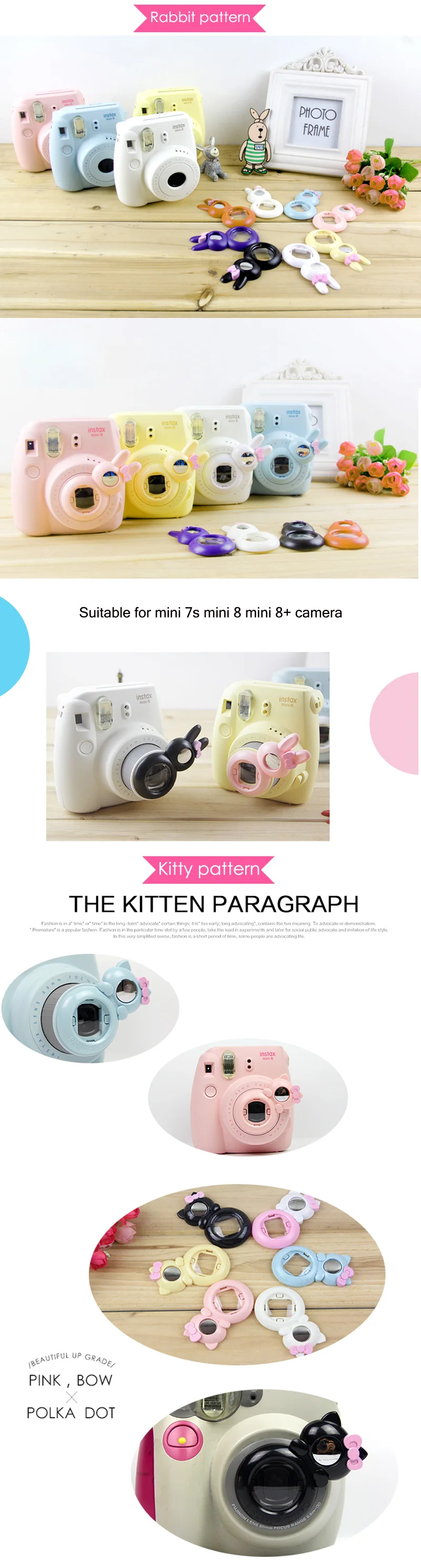 3 шт./партия, милый рисунок «Hello kitty» с кроликом для камеры Fujifilm Instax Mini 7s 8, зеркало для съемки селфи разных цветов