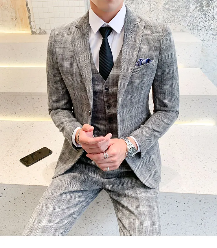 suit suit men's three-piece business plaid official gentleman west decoration body groomsman blazer S-5XL
