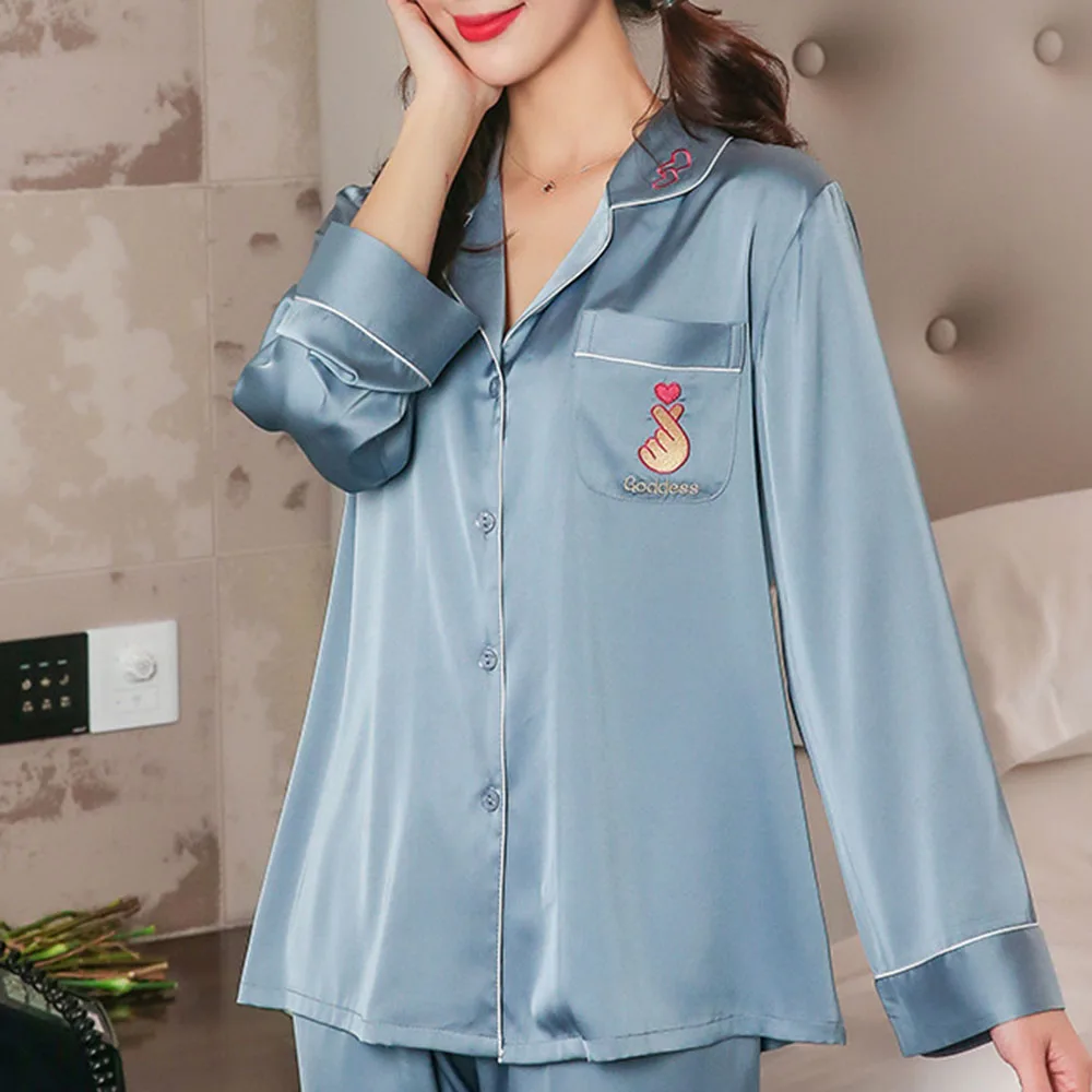 

2 Pieces Sets Silk Satin Pajama Set Women Shirt Pyjama Pants Loose Pink Blue Letter Print Fashion Comfortable Pajamas For Mujer