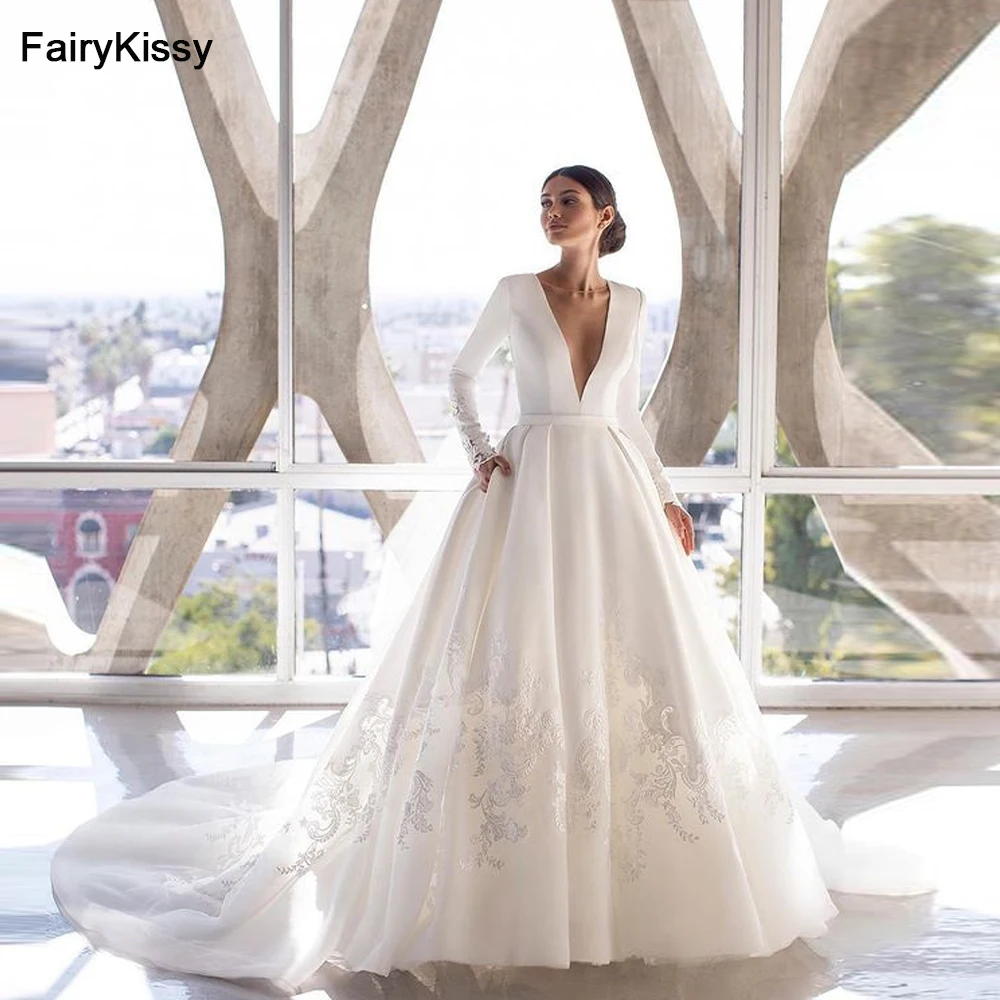 

FairyKissy Long Sleeve Lace Wedding Dresses Satin V Neck Bridal Dresses 2022 Newest A-line Wedding Gown Plus Size Robe de mariee
