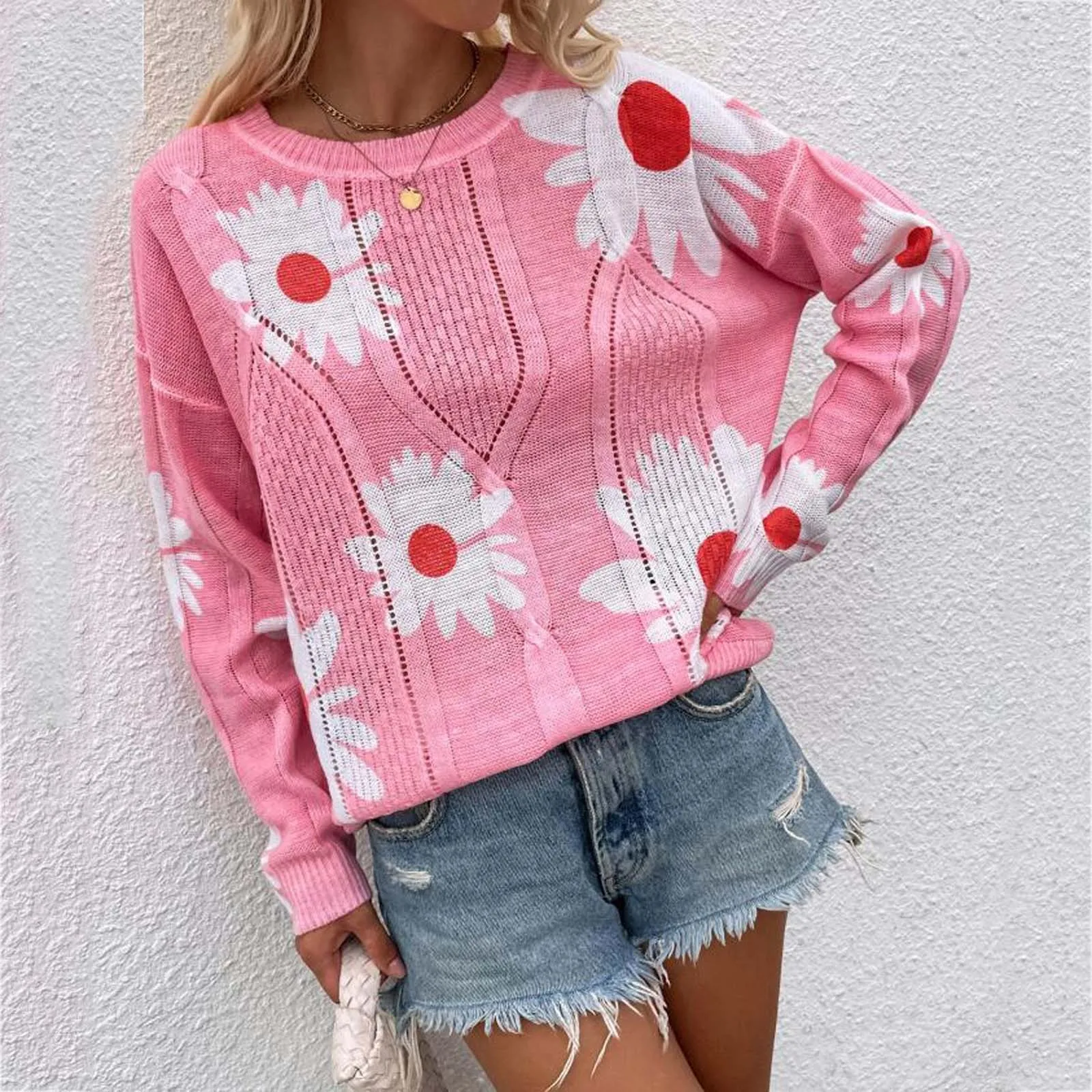 Women Sweater Daisy Printing Knitwear Loose Sweaters O-neck Long Sleeve Pullovers Coat Winter Top Pull Femme Jersey Mujer 2021 1
