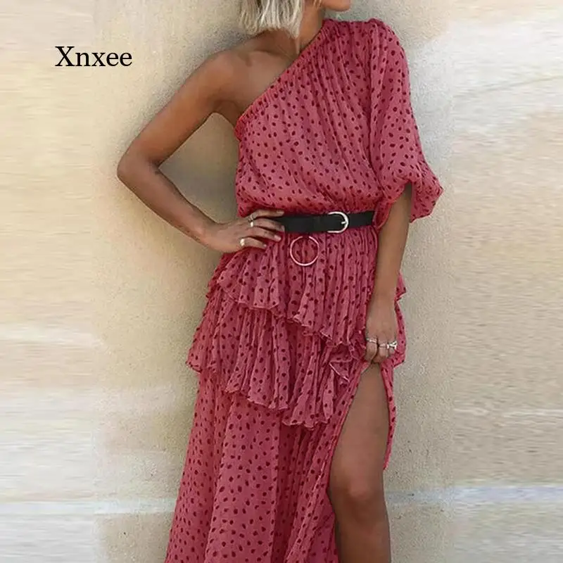 

Женское летнее асимметричное платье в горошек, облегающее шифоновое пляжное платье с одним открытым плечом, Элегантное Длинное платье с оборками