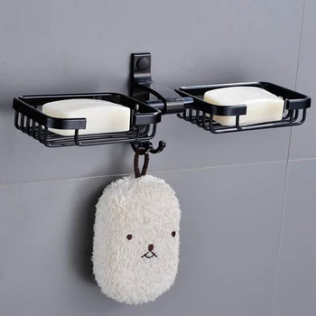 

Black Soap Shampoo Holder Bathroom Shelf with Hooks Wall Mounted Soap Space Aluminum Rack Soap Case Box
