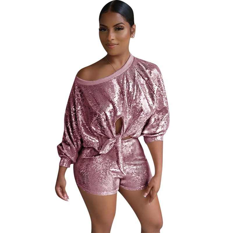 

Sequin 2 Piece Set Women Autumn Two Piece Sets Sexy Party Club Outfits Long Sleeve Bow Tie Crop Top Shorts Matching Women Sets