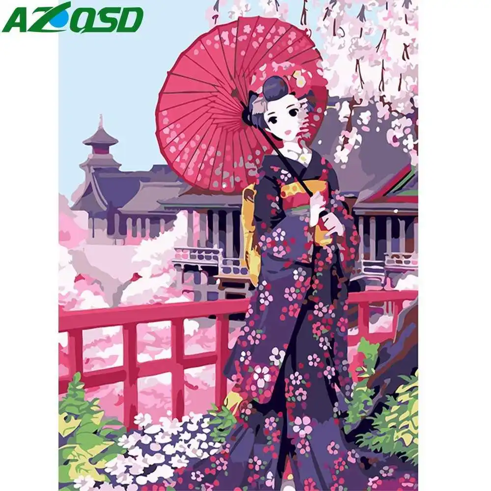 AZQSD Painting By Numbers Paint Kimono Girl DIY Canvas Picture Hand Painted Cherry Blossoms Oil Home Decoration K446 | Дом и сад