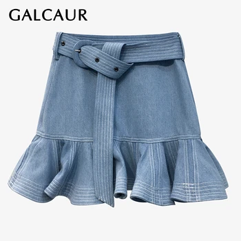 

GALCAUR Patchwork Ruffles Skirt For Women High Waist Lace Up A Line Blue Denim Mini Skirts Female 2020 Fashion New Clothing Tide