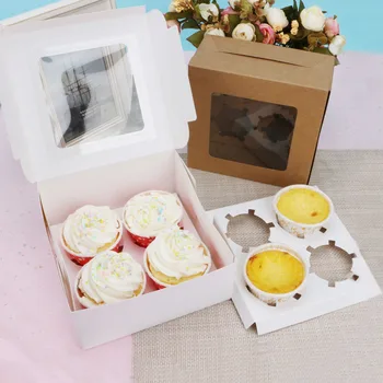 

10pcs 4 Cavities Paper Cupcake Box Kraft Paper Box With Window Carton Cup Cake Box Dessert Container Wedding Home Dessert