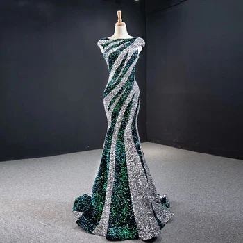 

Latest Design Boat Neck Cap Sleeve Sequined Red Carpet Formal Gown Mermaid Evening Dress
