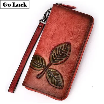 

GO-LUCK Brand Genuine Leather Wristlet Clutches Wallet Women Cell Phone Purse Men's Cardholder Card Case Zipper WalletsVintage