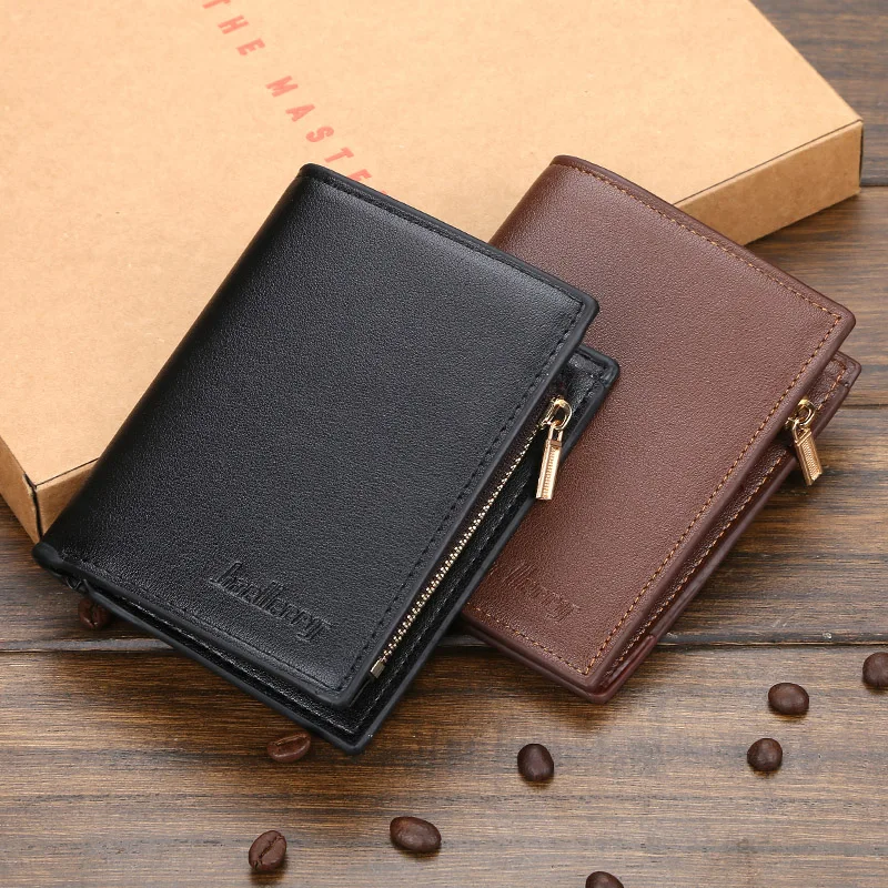 Baellerry Small Leather Men Wallet Clamp for Money Card Holder Wallets Zipper Male Purse Coin Pocket Man Money Bag Black Brown
