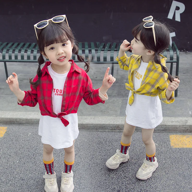 

2019 Spring New Style Baby Vest Plaid Shirt Two-Piece Set Girls Spring And Autumn Fashionable Set