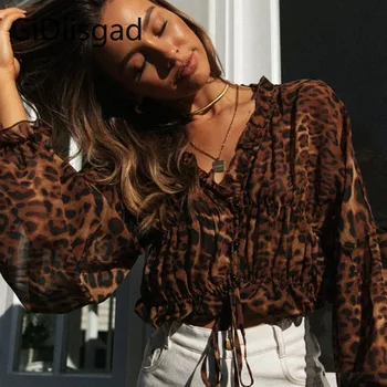 

Sexy Leopard Print V-Neck Flare Sleeve Women's Tops Women Streetwear Slim Bandage Female Sexy Blouse Tide Ladies