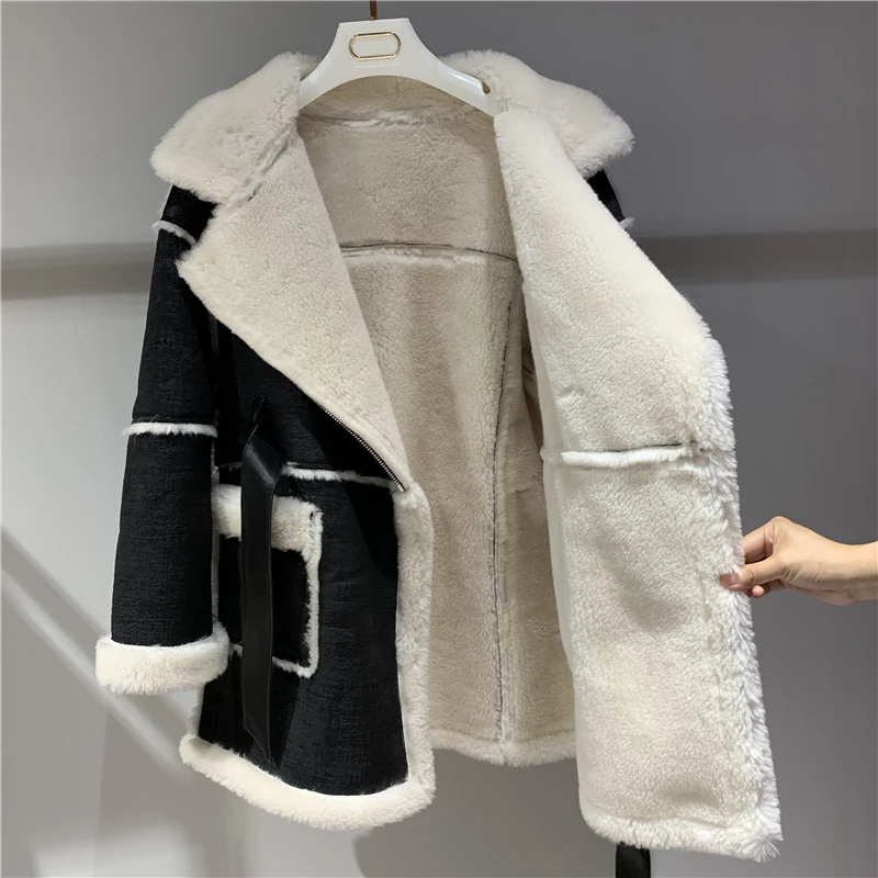 Женское зимнее пальто из натурального меха, стрижка овец, повседневное теплое пальто из натуральной овечьей шерсти с поясом