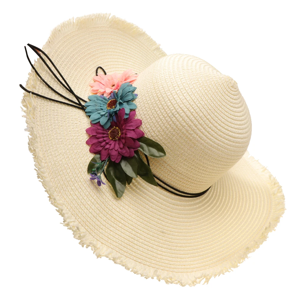 1 Piece Newest Casual Woman's Sun Caps Summer Holiday Outdoor Sunscreen Tourism Hat With Tricolor Flower Sunshade Straw Hat
