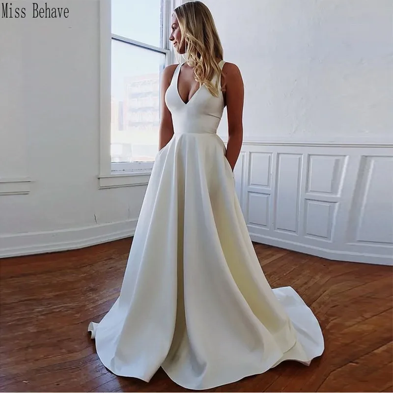 

DD JYOY Satin Wedding Dress 2020 Elegant A Line Wedding Gown Bridal Sexy Open Back Deep V Neck Wedding Dress Sweep Train