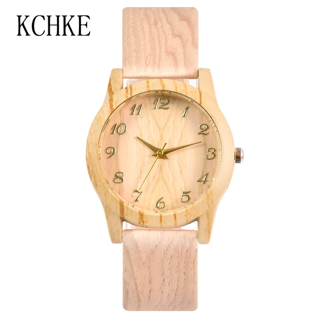 KCHKE 2020 Black/Coffee/Beige Dial Natural Bamboo Wood Watch Men Women Genuine Leather Wooden Clock Male hour Reloj de madera women Beige