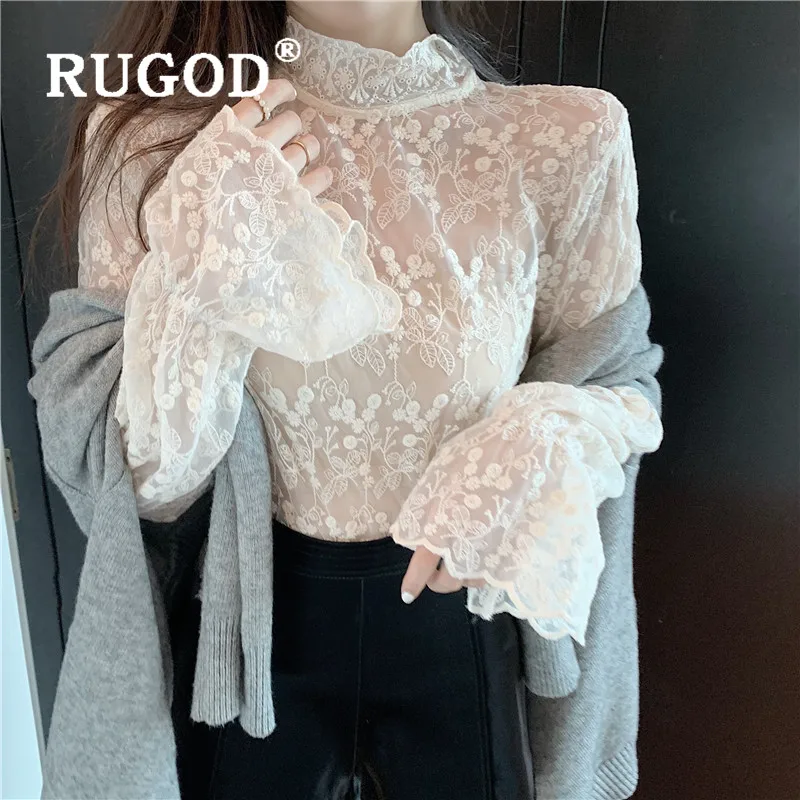 Женская кружевная блузка RUGOD Элегантная цвета хаки с длинным рукавом и
