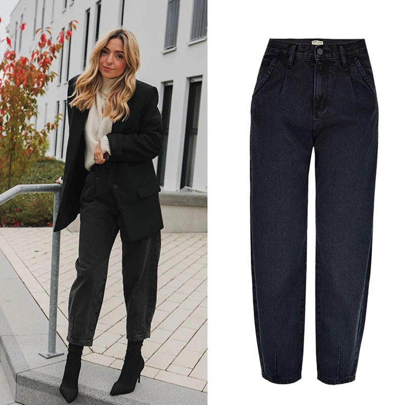 Women High Waist Harem Jeans Pants Loose Streetwear Cotton Denim Jeans Trousers Women Pleated Vintage Cotton Denim Pants