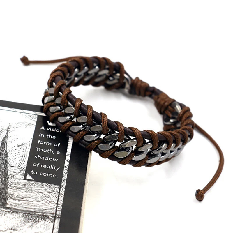 

Handmade Ethnic Vintage Braid Weaved Bracelet Men Fashion Casual Personality Genuine Leather Bracelet Bangle Male Jewelry Bijoux