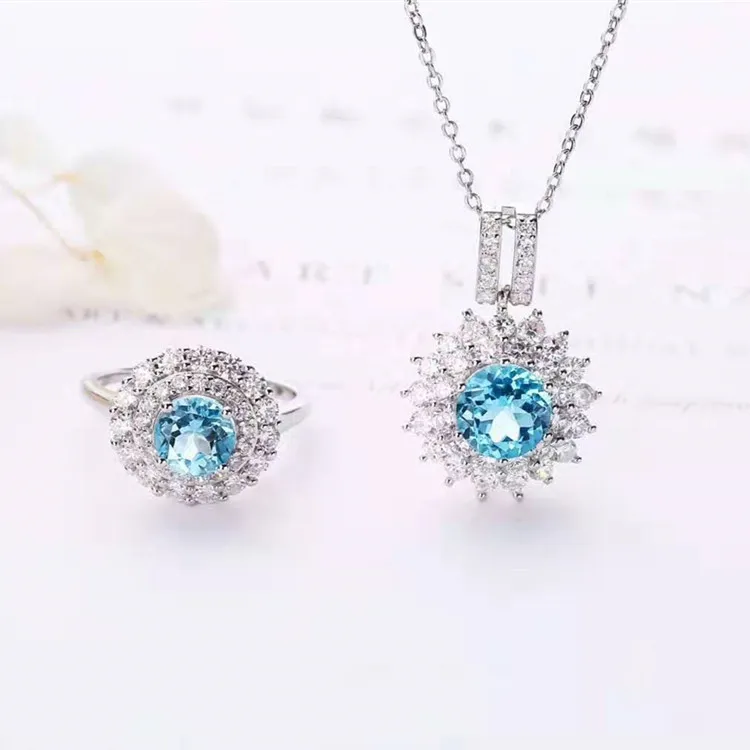 

Fashionable Multicolored Jewelry 925 Silver Set with 8mm Natural Blue Topaz Pendant Necklace Ring Set