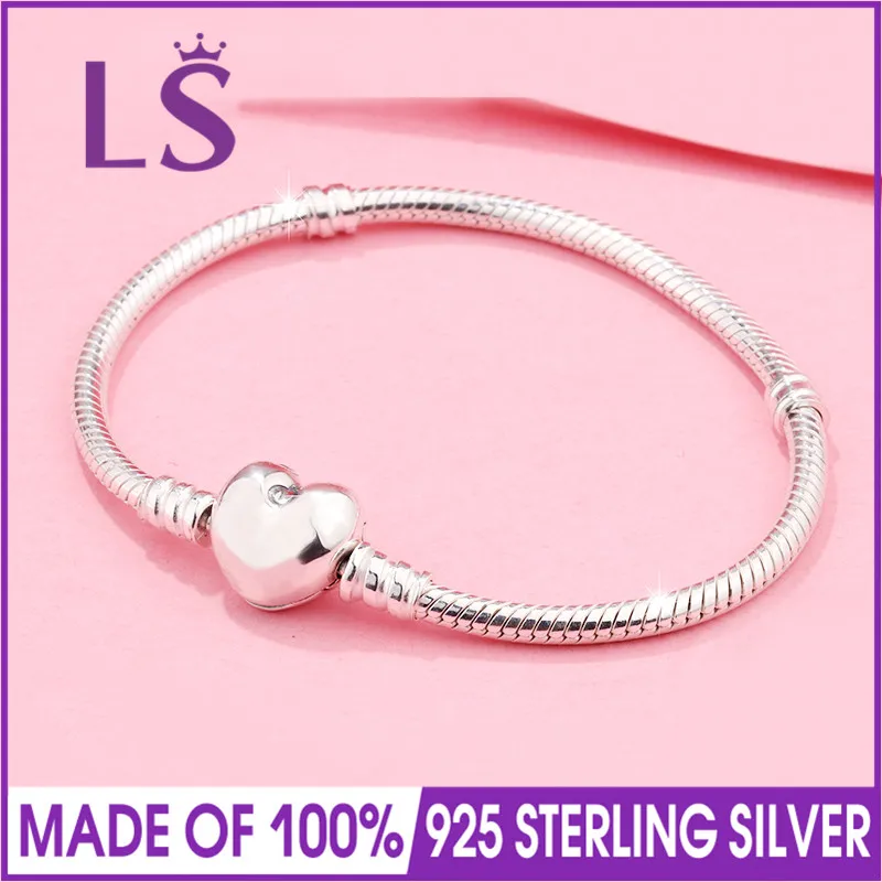 LSLuxury 925 пробы серебряный браслет с застежкой в виде сердца для женщин, хорошее ювелирное изделие, подходит для оригинальных бусин