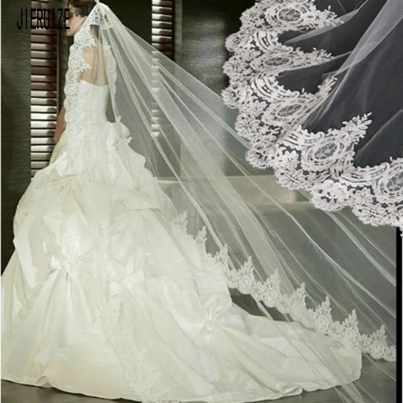 

JIERUIZE Long Bridal Veil Lace Appliques 2020 Veu De Noiva Chapel Length Tulle Wedding Veils