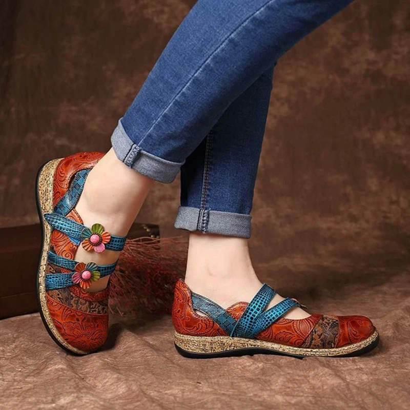 Women Vintage Summer Leather Colorblock Flat Shoes main image 0