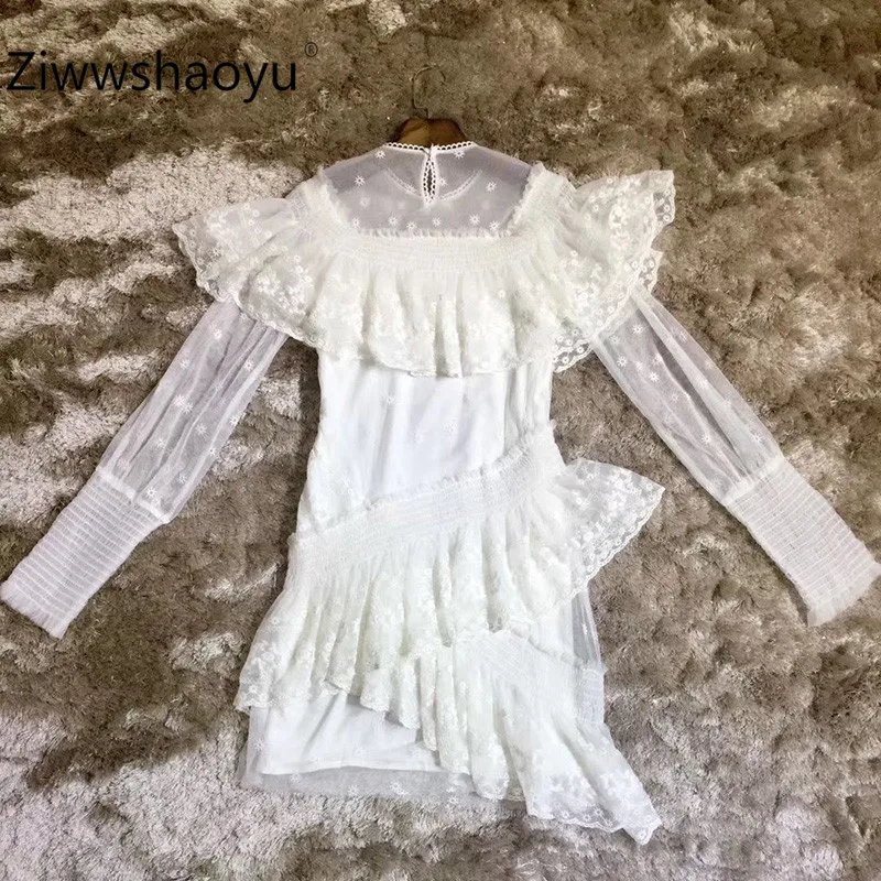 Ziwwshaoyu, модные, пикантные, вечерние, кружевные, прозрачные, многоуровневые, с рюшами, с длинным рукавом, Осень-зима, мини платья, женские