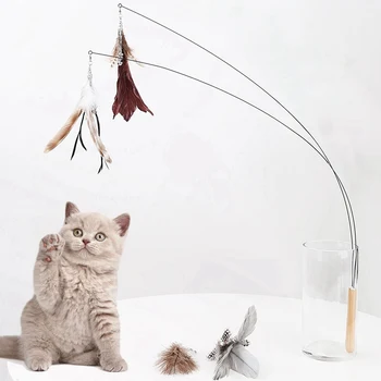 

Funny Kitten Cat Toy Steel Wire Feather Teaser Bell Bead Play Pet Wand Teasing Cat Sticks Flexible Feather Cat Interactive Toy