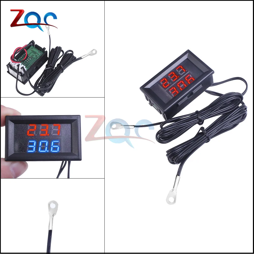 DC 4V 28V Mini Dual Дисплей цифровой термометр с двумя NTC Водонепроницаемый