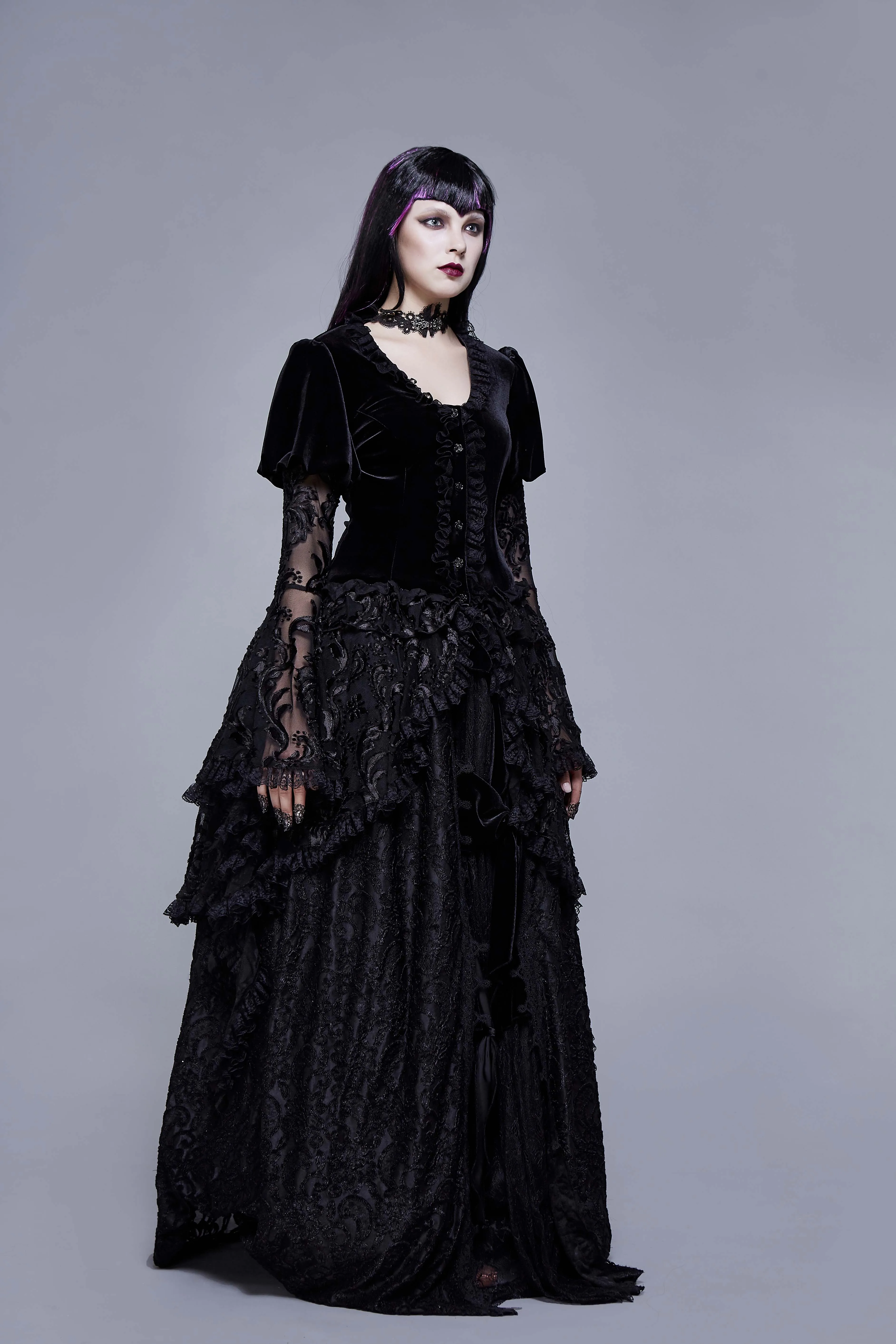 Gothic Punk Womens Dress Coat Black Patchwork Lace V Neck Party Dress Irregular Jacket Winter Party Dress