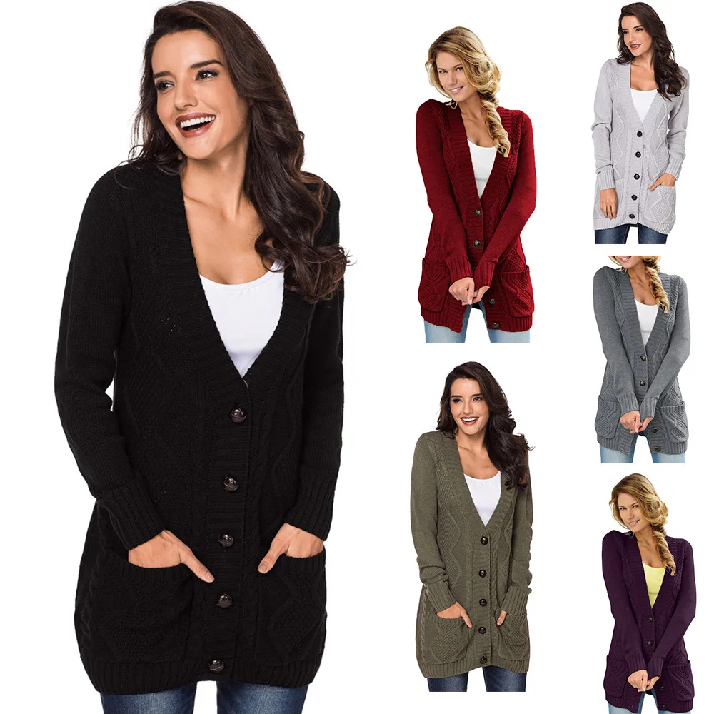 

Women's V-neck Single-Breasted Long-Sleeved Midi Cardigan Sweaters