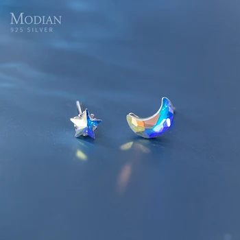 

Modian Colorful Crystal Star Moon Ear Studs for Women Genuine 925 Sterling Silver Asymmetry Stud Earring Fine Jewelry Kid Gift