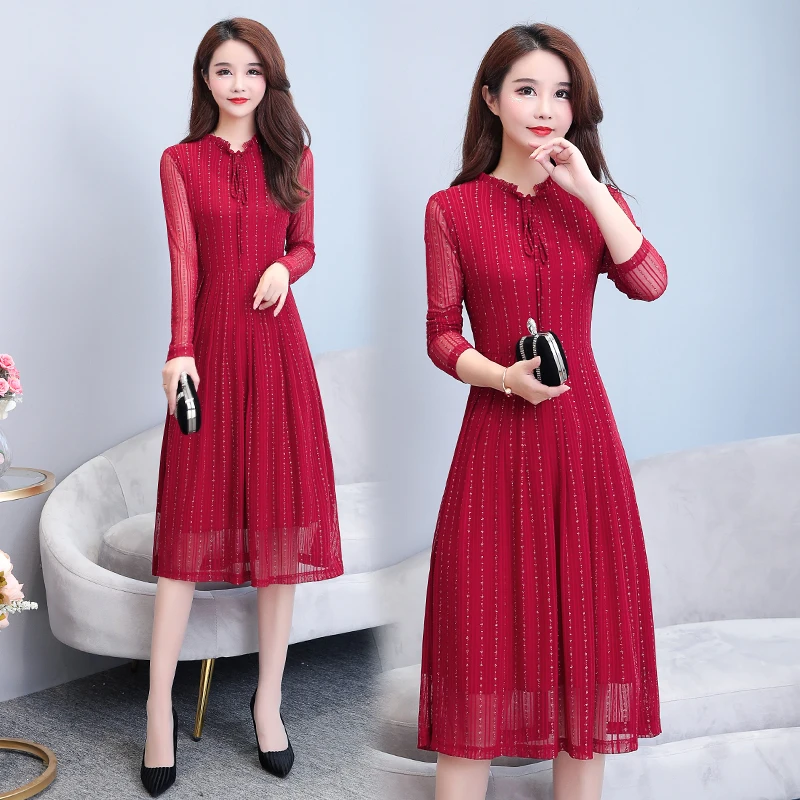 

HAYBLST Brand Long Dress Women 2019 Autumn Plus Size5XL Black/Red Clothing Elegant Korean Style Fashion Mesh Long Sleeve Dresses