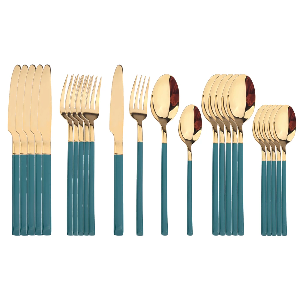 US $31.72 24pcsSet Green Gold Cutlery Set 304 Stainless Steel Dinnerware Silverware Flatware Set Dinner Knife Fork Spoon Wholesale