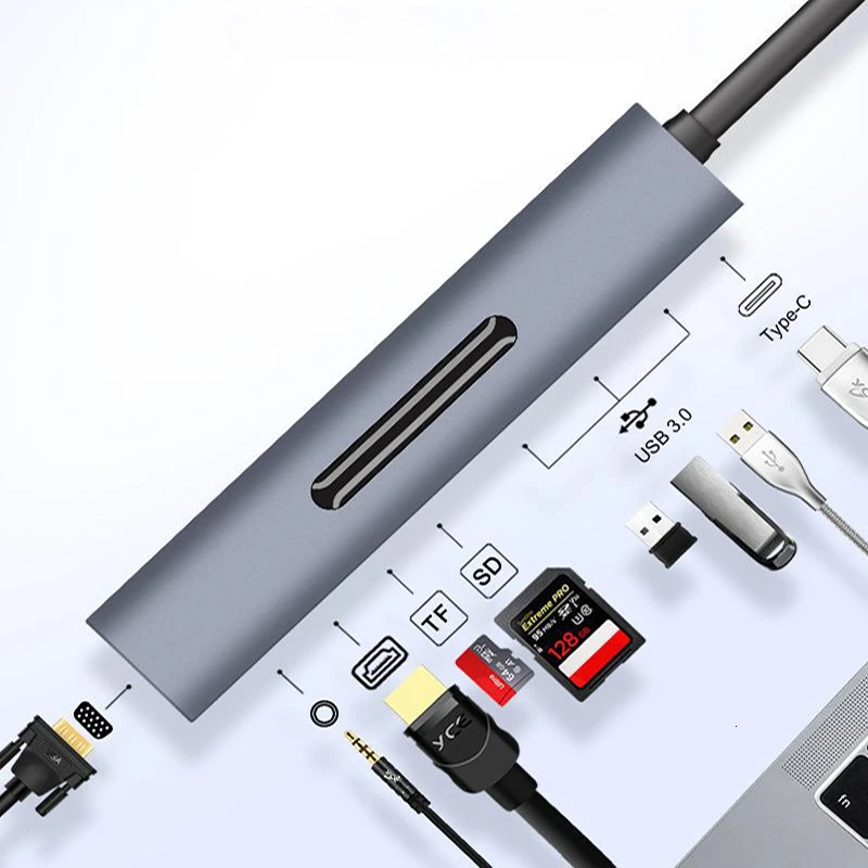 SeenDa тип-c концентратор Мульти USB 3,0 HDMI адаптер док 9 в 1 VGA USB-C концентратор сплиттер док-станция для Macbook Pro Air USBC HAB