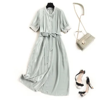 

Women plus size dress summer 2020 short sleeve a-line sashes elegant striped patchwork dresses green
