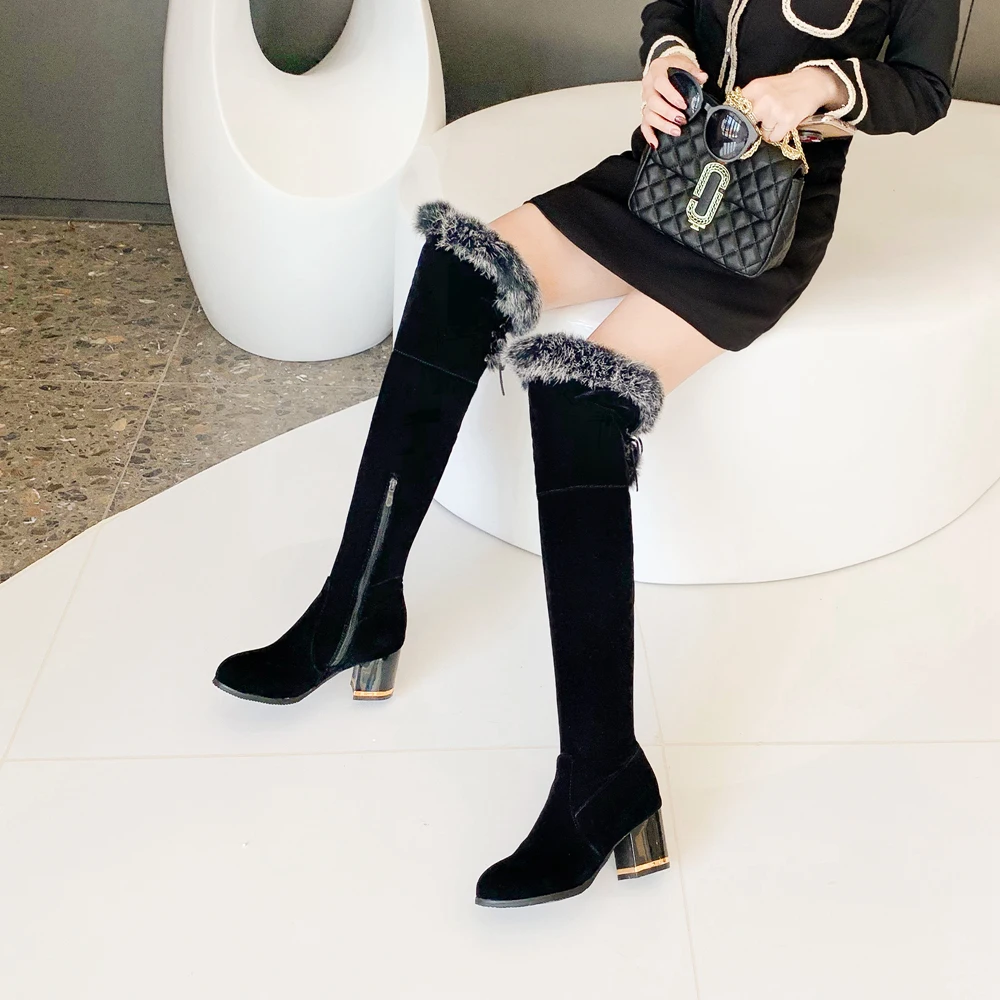 Plus Size 34-46 Thigh High Boots Winter Boots Women Rabbit Fur Keep Warm Over The Knee Boots High Heel Sexy Fashion Shoes Boots