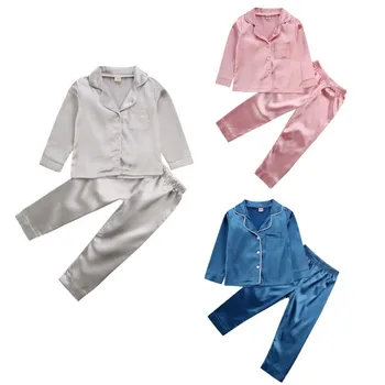 

2020 Spring Autumn Toddler Girls Silk Satin Pajamas Set Kids Child Long sleeve Pjs Set Nightwear Sleepwear 1-7T