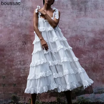 

Elegant Patchwork Ruffles White Dress For Women Off Shoulder Sleeveless Oversized Dresses Female Fashion Clothes 2020